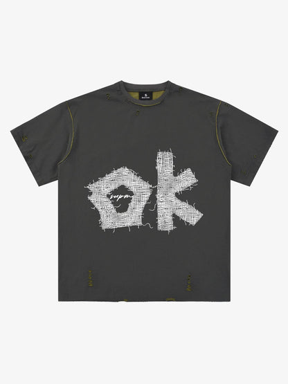 "OK" Patch Color-Block Ripped Reversible T-Shirt 