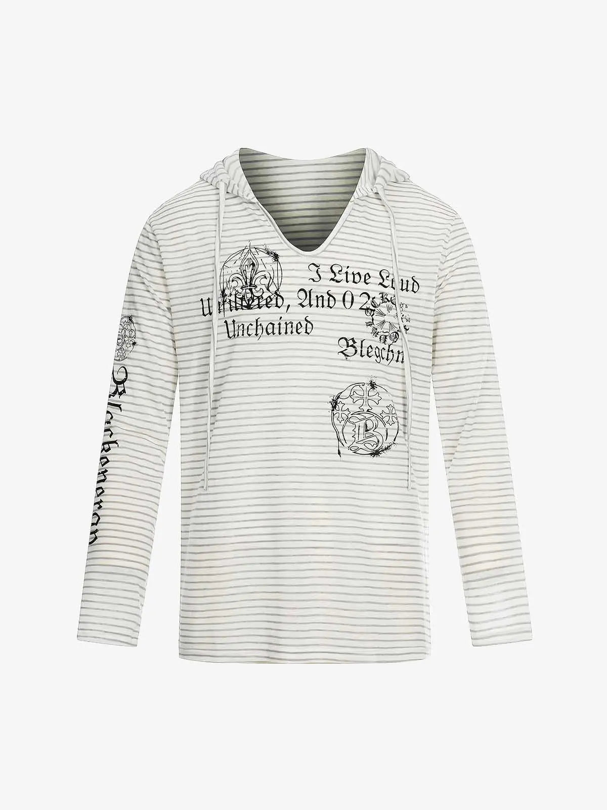 Graphic Print and V-Neck Striped Long Sleeve Hooded T-Shirt 
