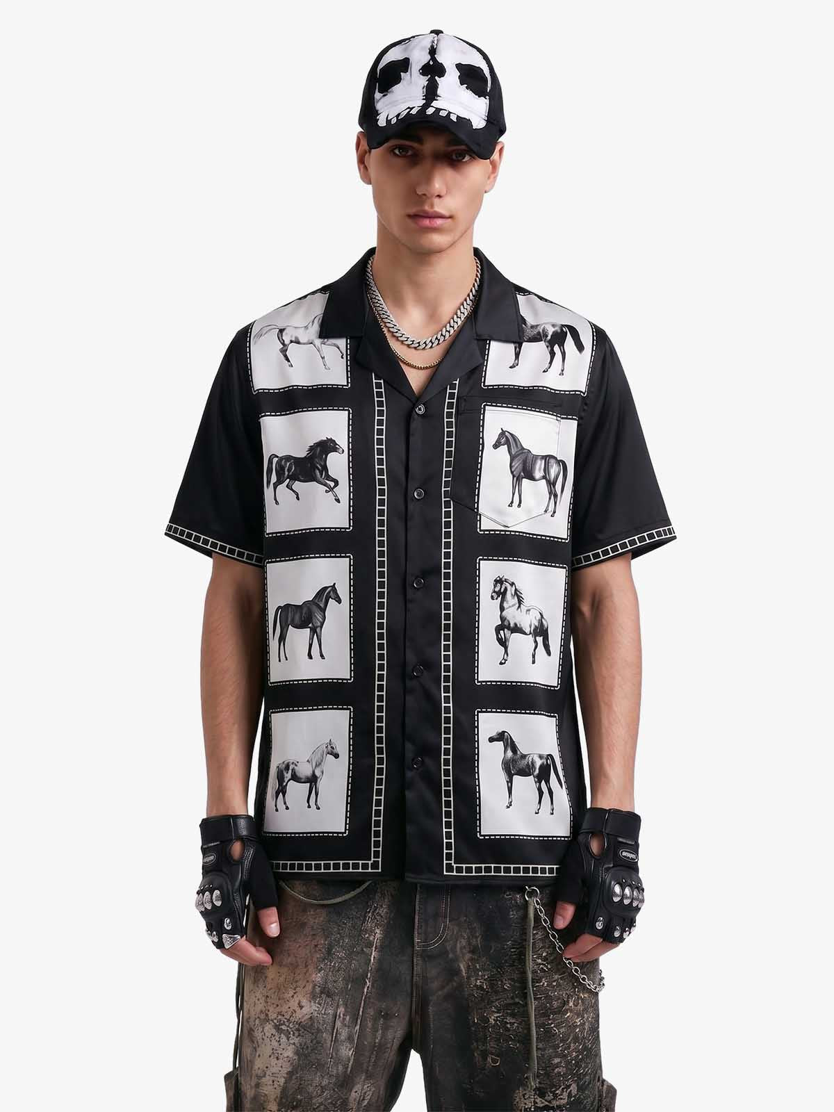 Vintage Horse Photo Satin Camp Collar Boxy Shirt 