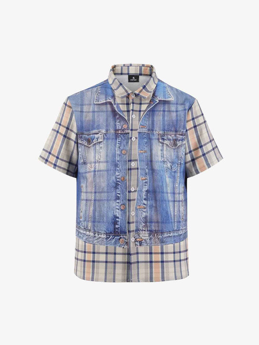 Layered Plaid Denim Print Short Sleeve Shirt 