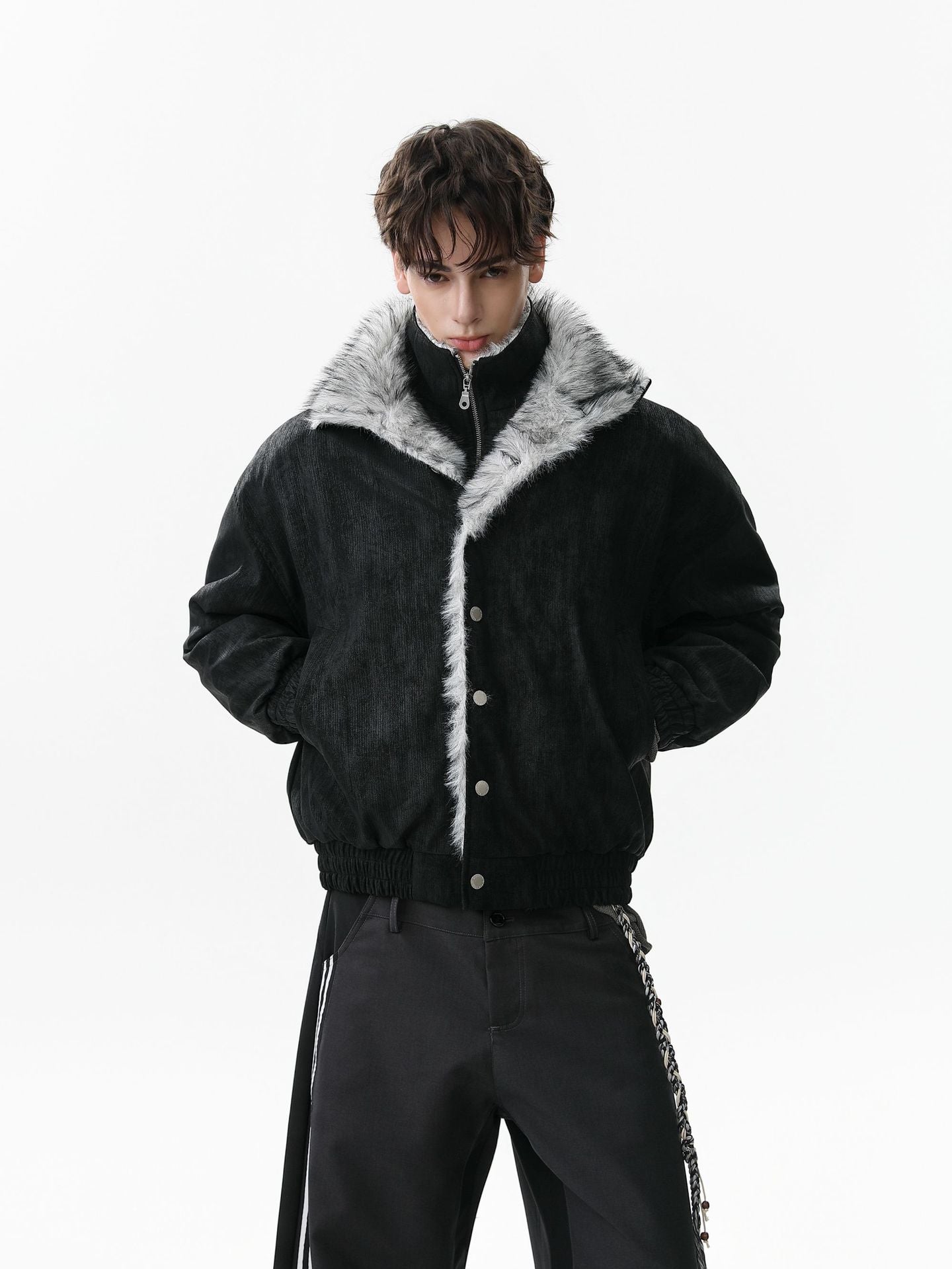 Vintage Dual-layer Collar Fleece-lined Zipper Jacket 