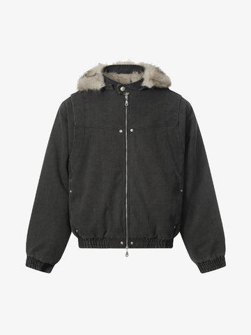 Street Outdoor Detachable Fur Collar Fleece Hooded Padded Jacket 