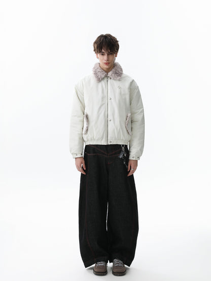 Faux Fur Collar Zipper Padded Bomber Jacket 