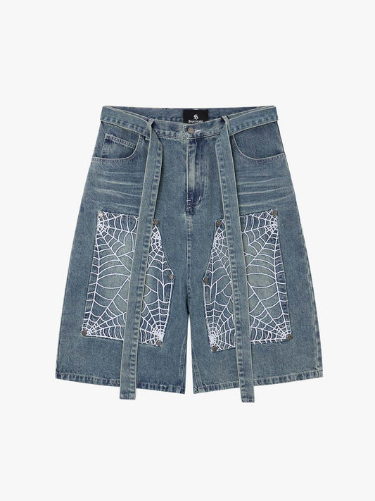 Jeansshorts mit Spinnennetzstickerei