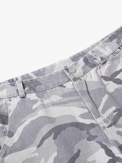 Snow Camouflage Machete Wide-Leg Cargo Barrel Pants - 2548 