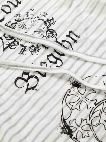 Graphic Print and V-Neck Striped Long Sleeve Hooded T-Shirt 