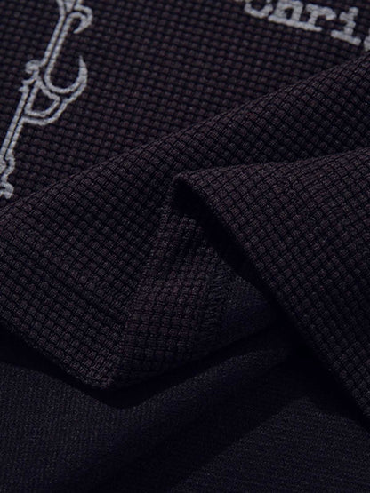 Gothic Text Print Leather Patchwork Polo T-Shirt 