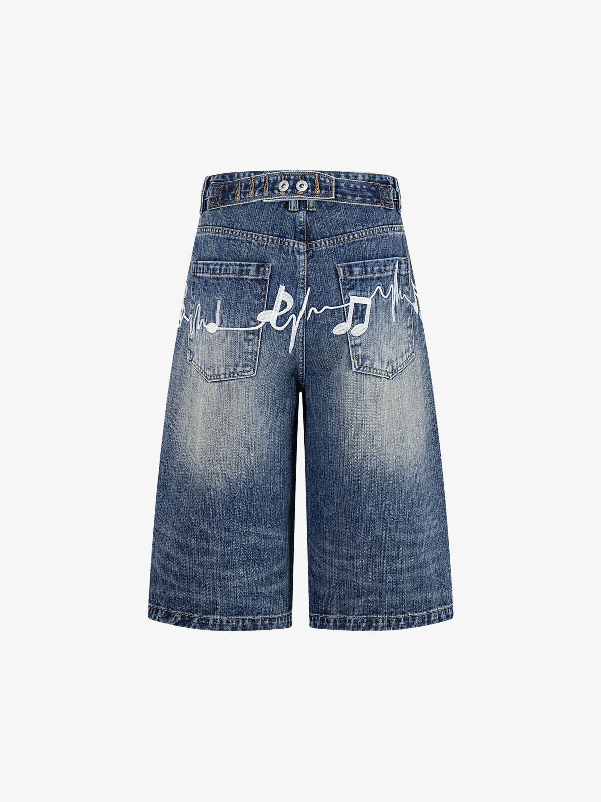 Music Print Denim Shorts with Embroidered Notes