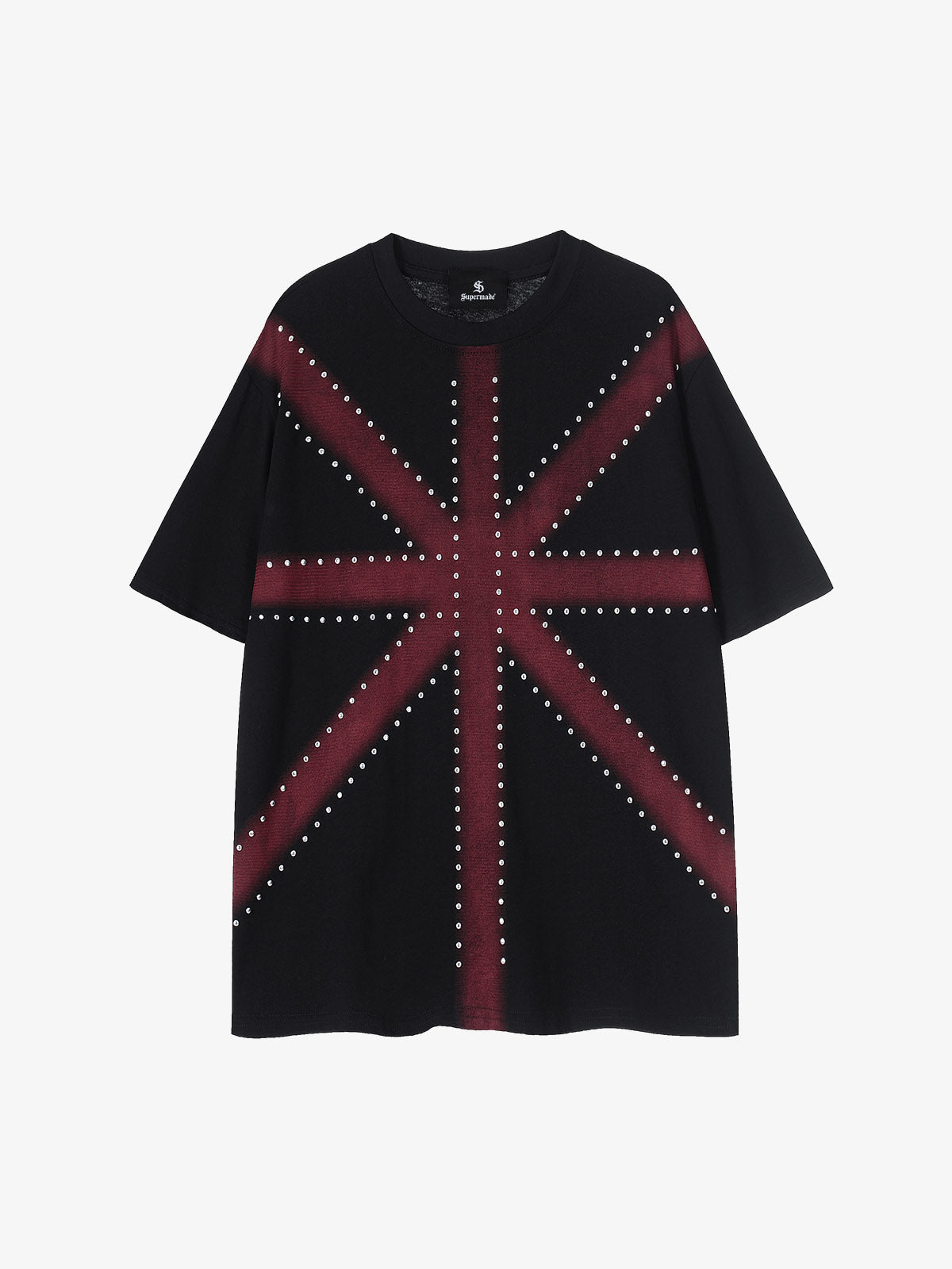 Black Cotton T-Shirt with Red Gradient Panel – Short Sleeve Streetwear Tee