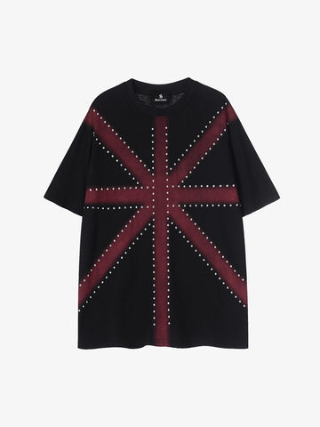 Black Cotton T-Shirt with Red Gradient Panel – Short Sleeve Streetwear Tee