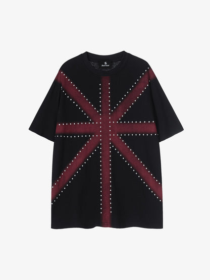 Black Cotton T-Shirt with Red Gradient Panel – Short Sleeve Streetwear Tee