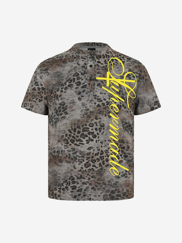 Vintage Leopardenmuster-T-Shirt mit Reißverschluss am Hals