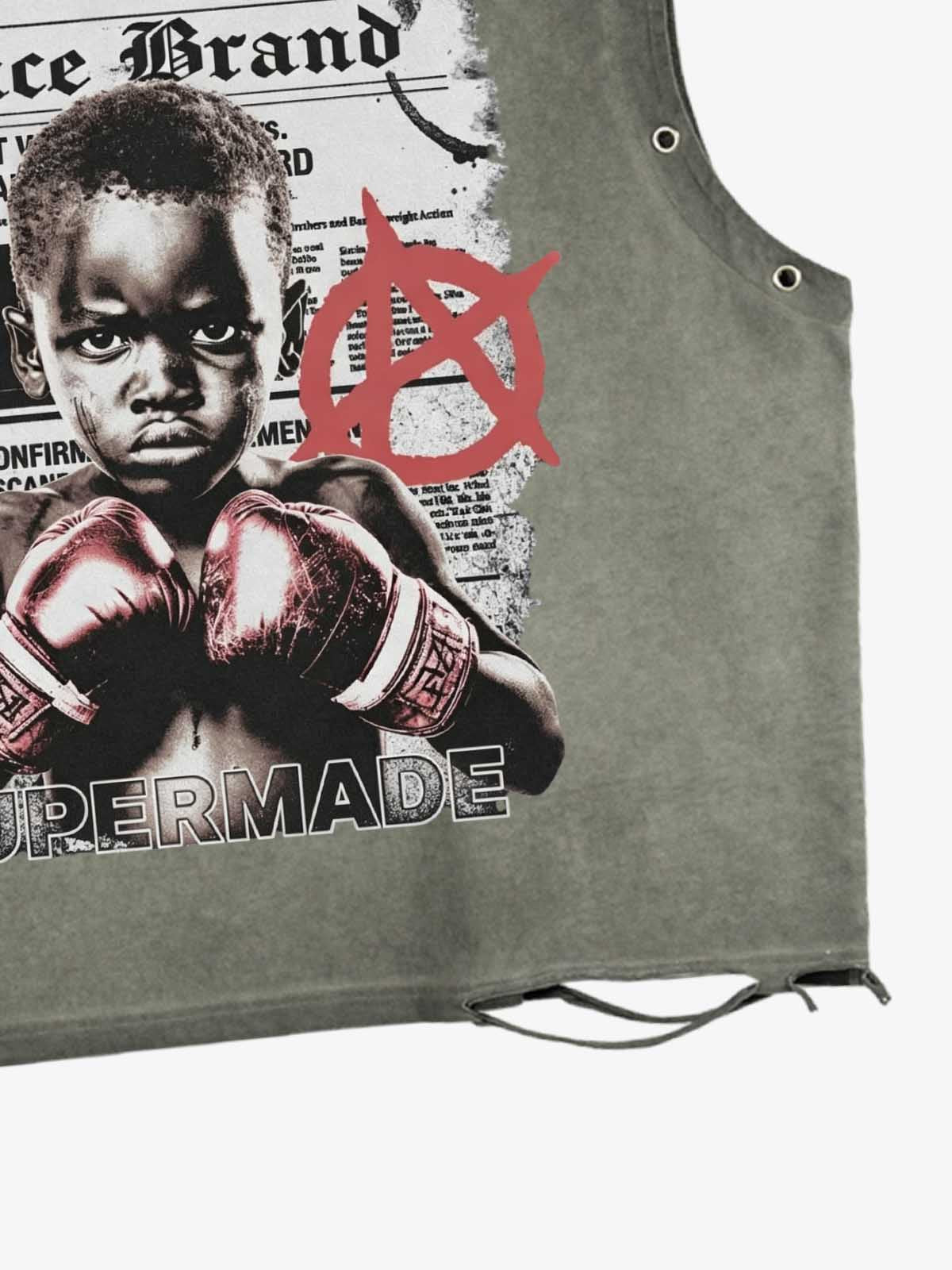 Distressed Olive Crop Top with Boxing Graphic Print – Grommet Detail Streetwear Tank