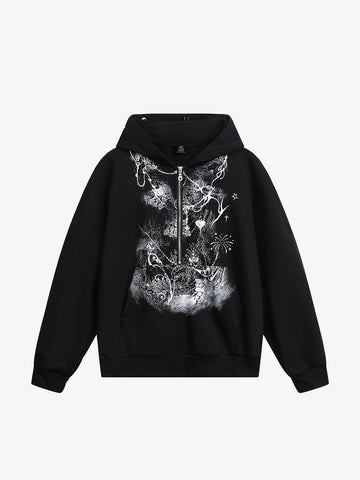 Detachable Fur Collar Printed Cardigan Half-Zip Hoodie 