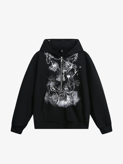 Detachable Fur Collar Printed Cardigan Half-Zip Hoodie 