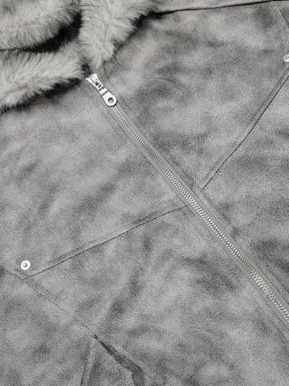 Faux Suede Vintage Wash Fur Hood Padded Jacket - 2553 
