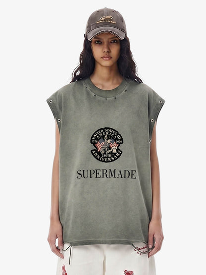 Grommet Side Washed Sleeveless T-Shirt 