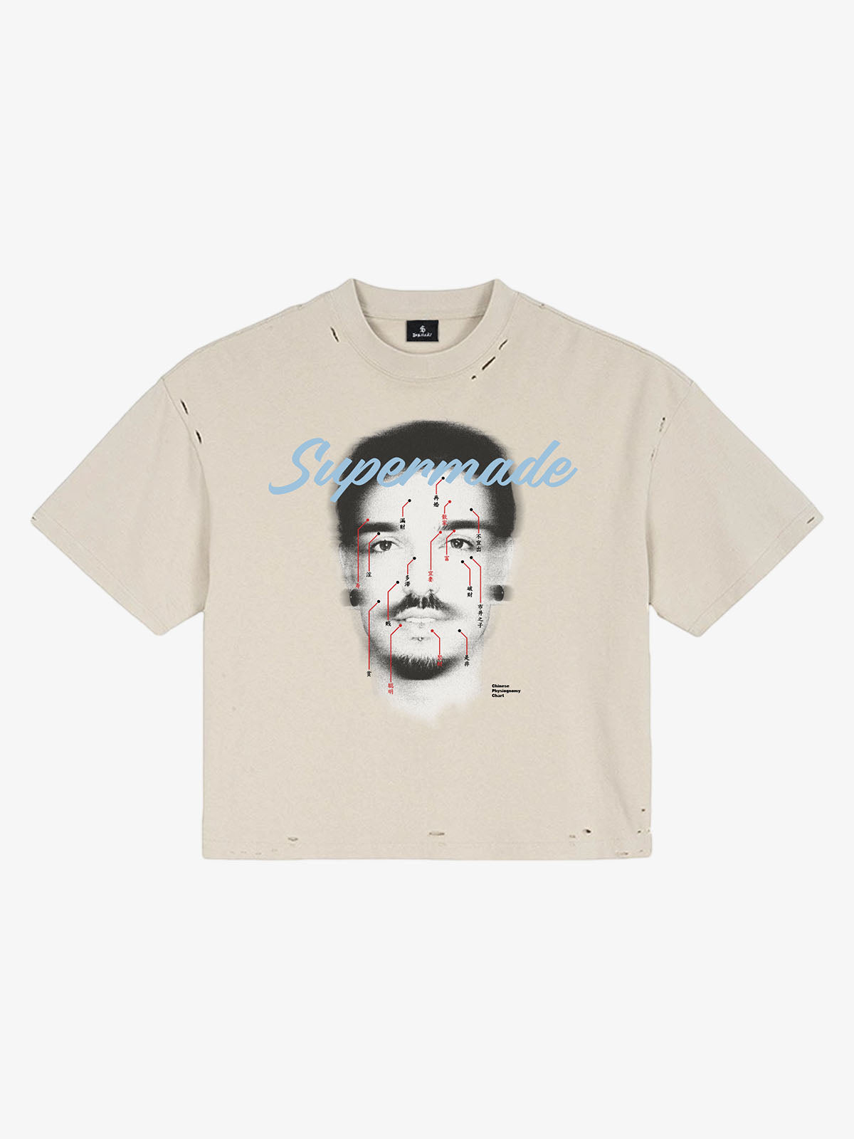 T-Shirt aus Baumwolle im Used-Look mit „Supermade“-Grafikdruck und Design mit Gesichtsakupunktur-Tabelle