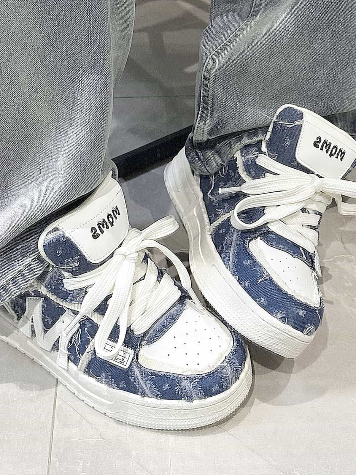 Street Distressed Denim Patchwork Sneakers 