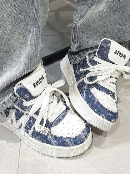 Street Distressed Denim Patchwork Sneakers 