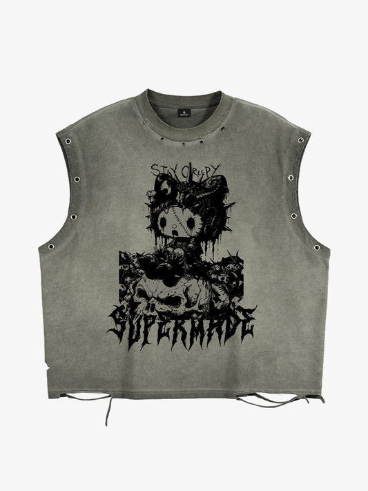 Vintage Washed Dark Cute Graphic Sleeveless T-Shirt 