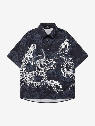 Japanese Wave Dragon Skeleton Camp Collar Boxy Shirt 