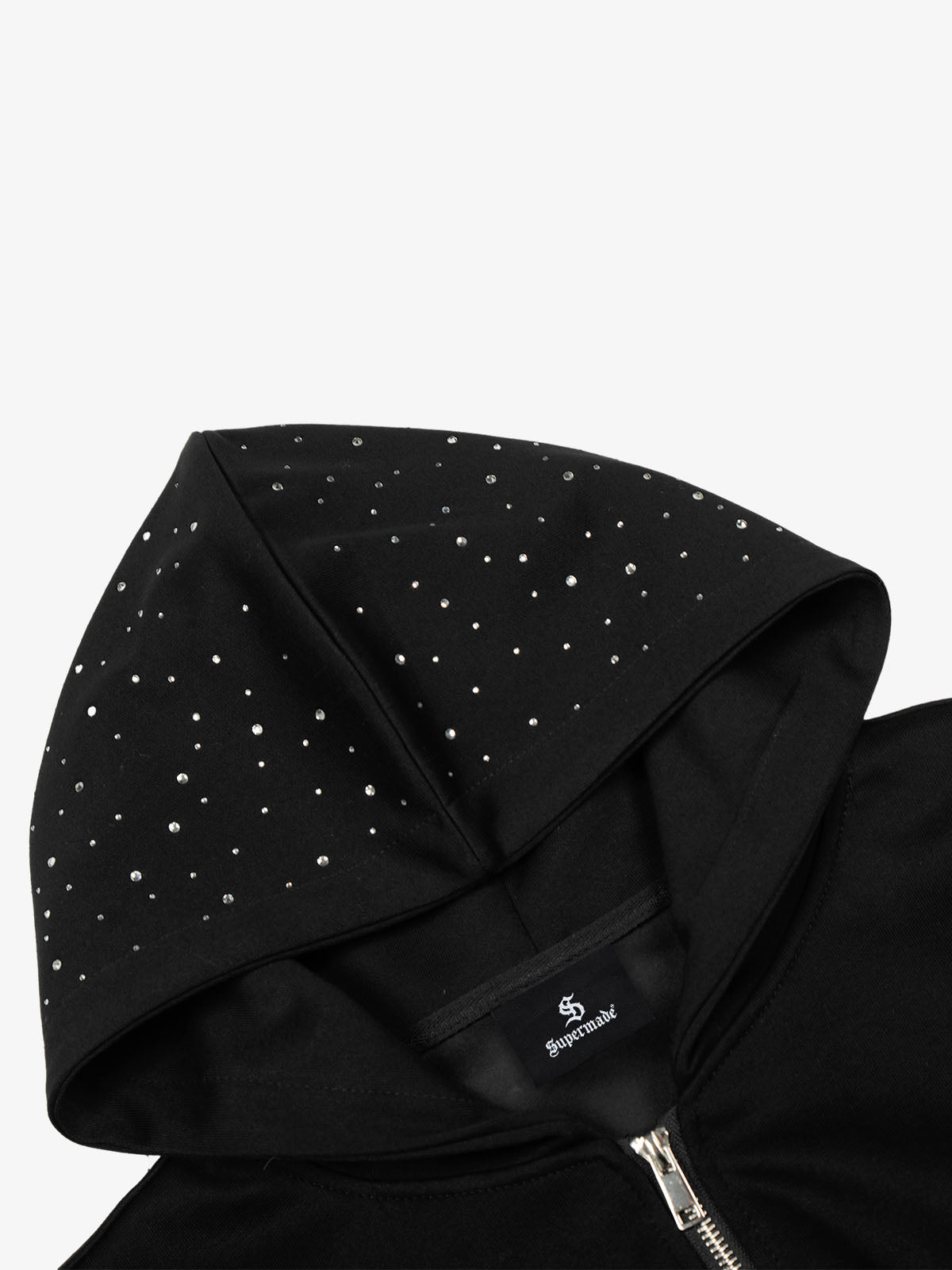 Rhinestone Sleeve Faux Fur Jacket – Black Oversized Cropped Hooded Streetwear
