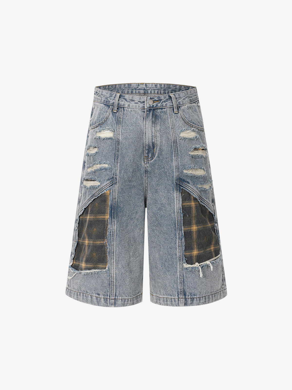 Retro Washed Plaid-Paneled Distressed Denim Set 