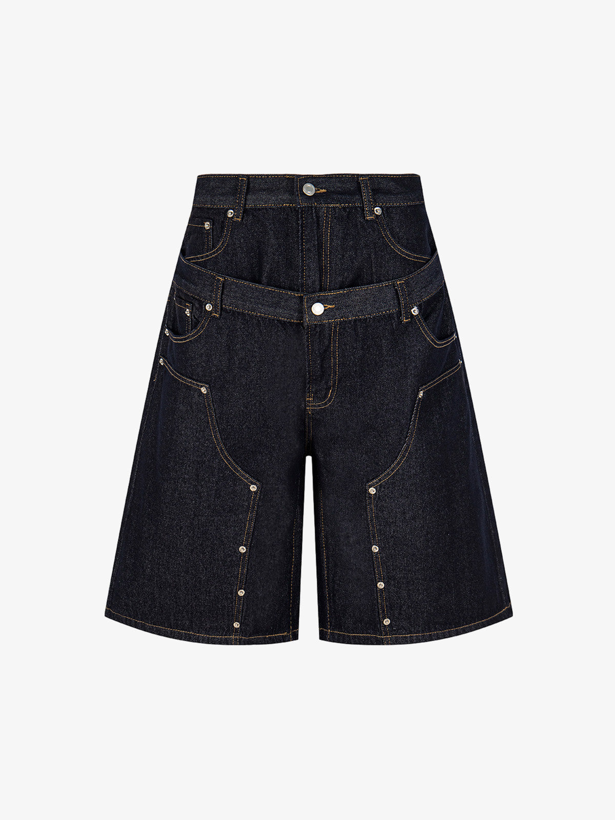 Raw Denim Oversized Shorts – High-Waisted Cotton with Dual Waistband & Rivet Detail