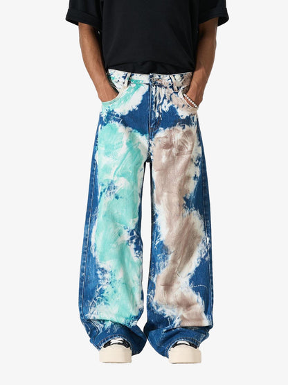 Denim Tie-Dye Wide Leg Jeans with Blue Green and Beige Patterns 