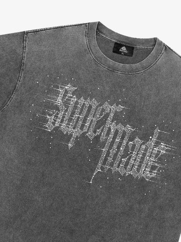 Washed Gothic Letter Imitation Diamond T-Shirt 