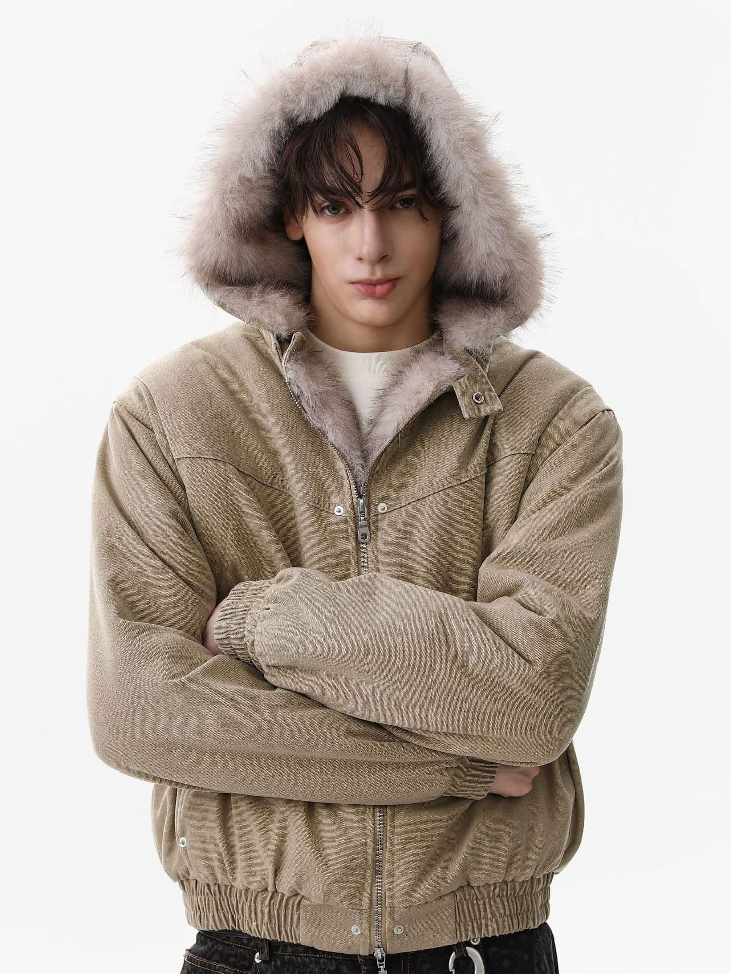 Street Outdoor Detachable Fur Collar Fleece Hooded Padded Jacket 