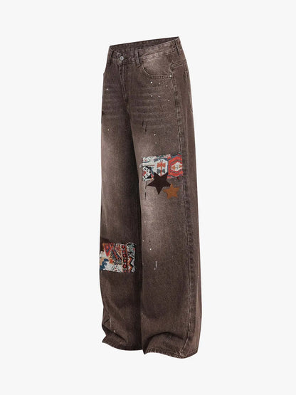 Retro Patchwork Washed Wide Leg Denim Jeans 