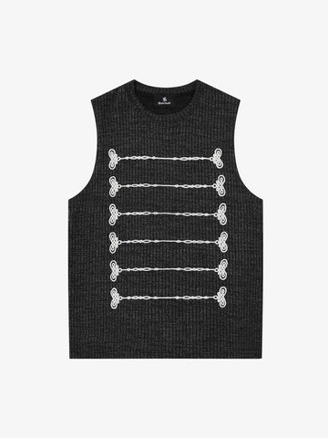 Black Knit Sleeveless Vest with Contrast Frog Closure Detail – Streetwear Tank Top
