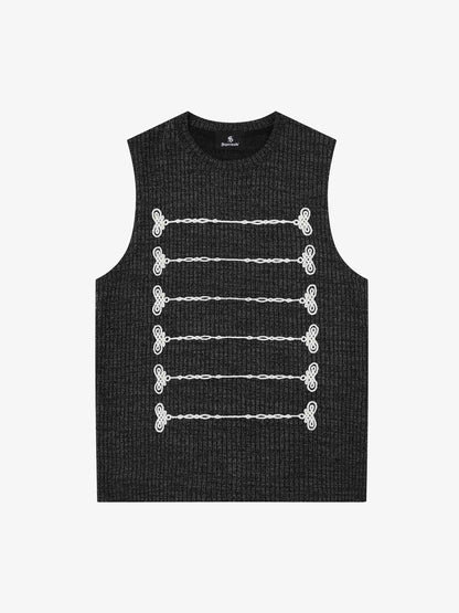Black Knit Sleeveless Vest with Contrast Frog Closure Detail – Streetwear Tank Top