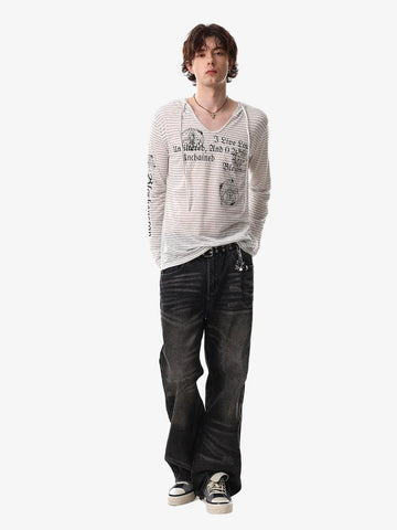 Graphic Print and V-Neck Striped Long Sleeve Hooded T-Shirt 