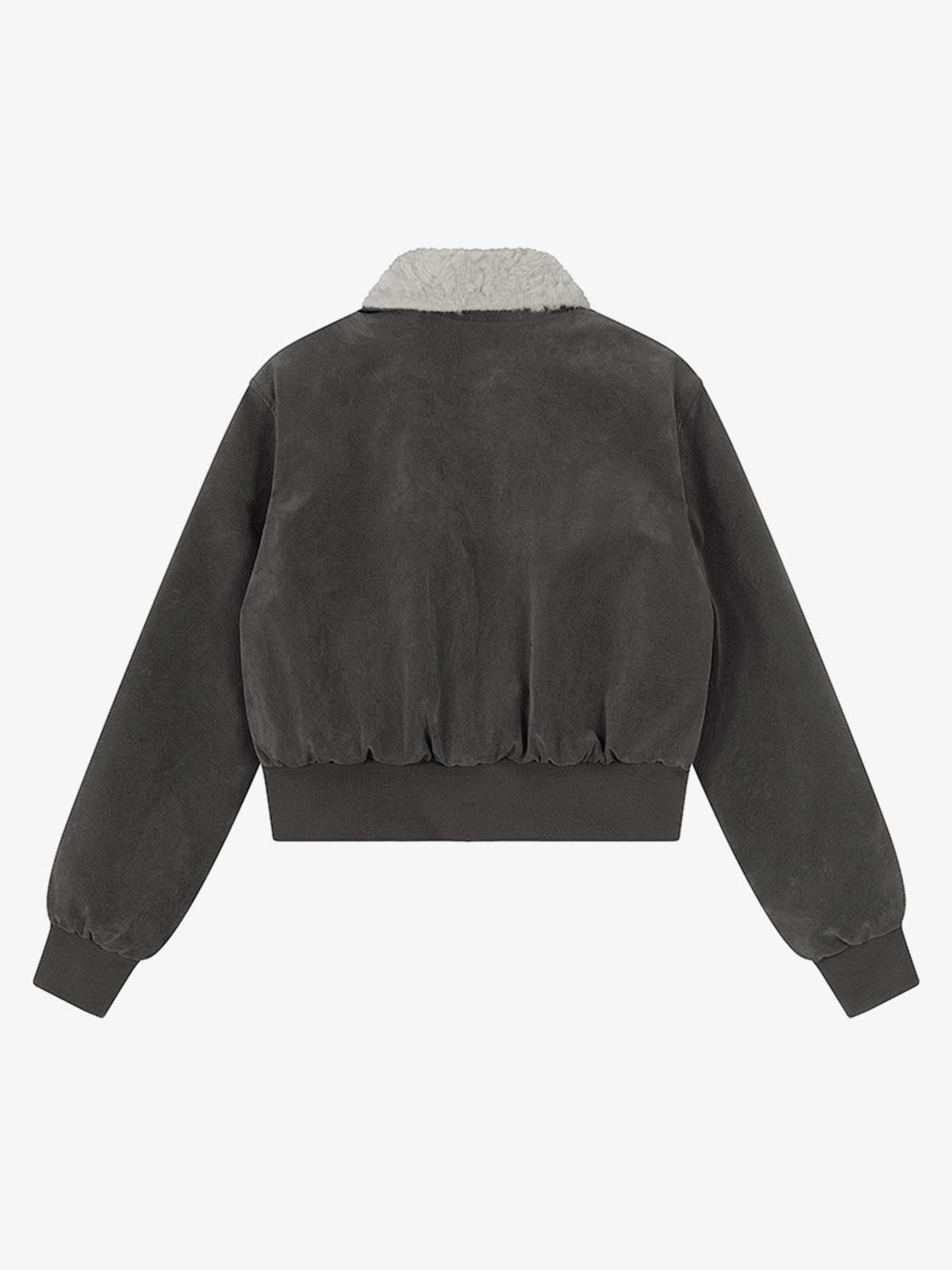 Utility Faux Shearling Collar Suede Look Zip Up Jacket 