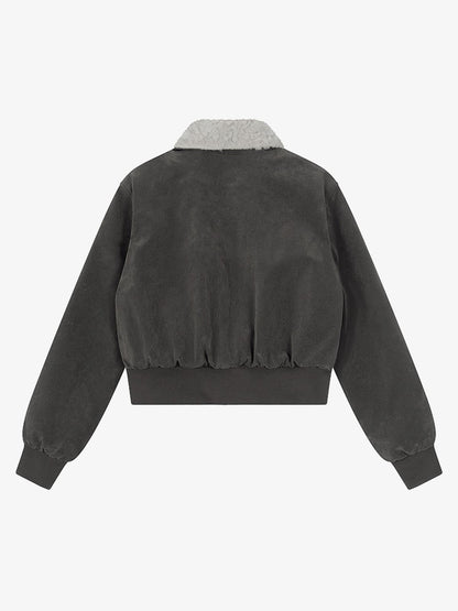 Utility Faux Shearling Collar Suede Look Zip Up Jacket 