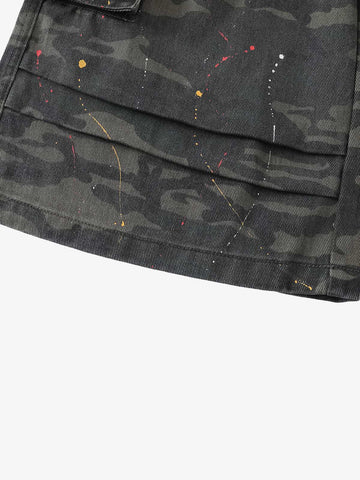 Camo Cargo Shorts with Paint Splatter – Relaxed Fit Utility Streetwear