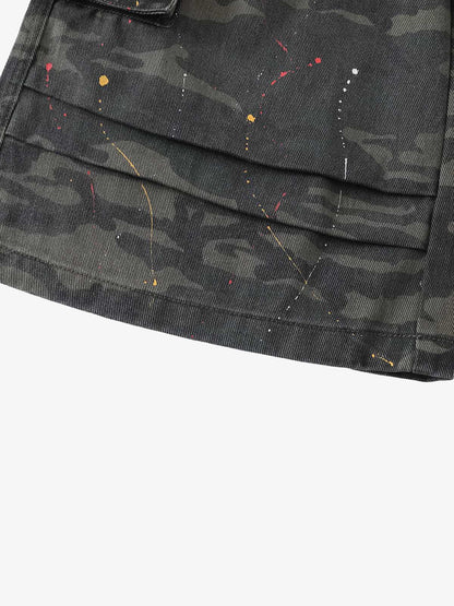 Camo Cargo Shorts with Paint Splatter – Relaxed Fit Utility Streetwear