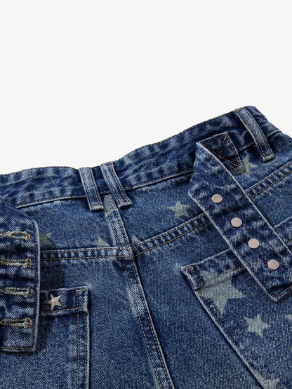 Star Embroidered Denim Shorts with Rivets