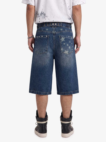 Star Embroidered Denim Shorts with Rivets