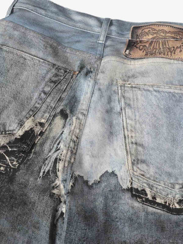 Distressed Patchwork Wide Leg Washed Denim Jeans 