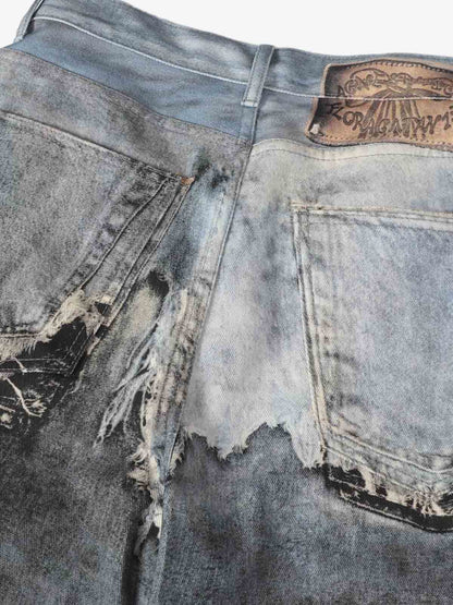 Distressed Patchwork Wide Leg Washed Denim Jeans 