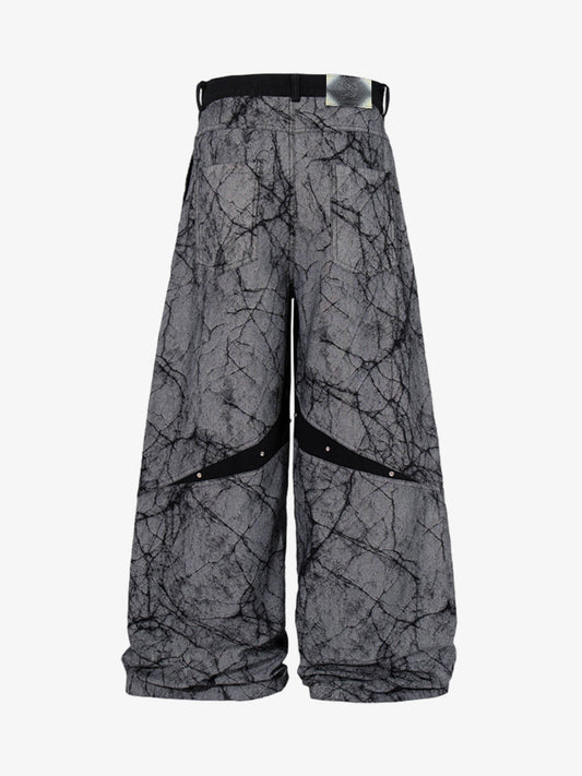 Crackle Print Panel Studded Pleated Denim Jeans 