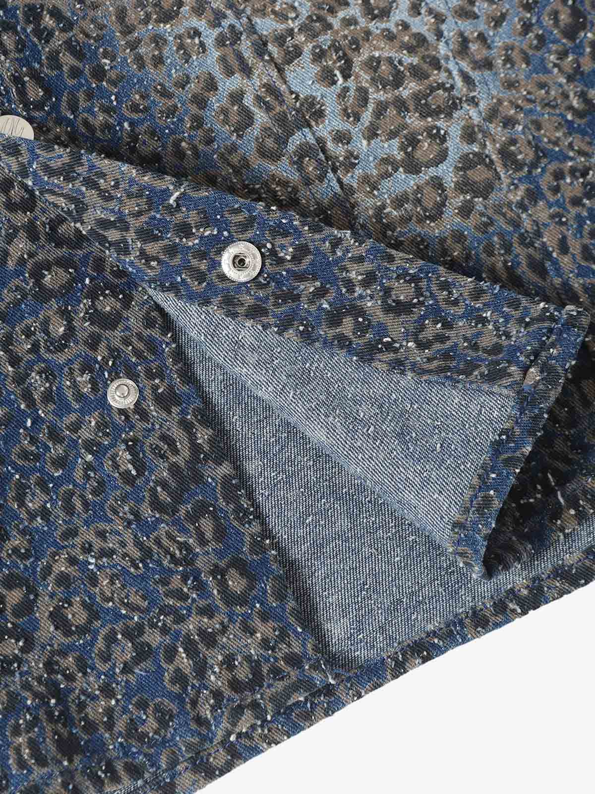 Vintage Leopard Print Washed Denim Short Sleeve Shirt 