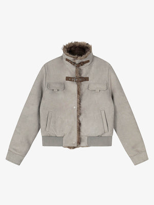Vintage Suede Faux Fur Lined Buckle Bomber Jacket 