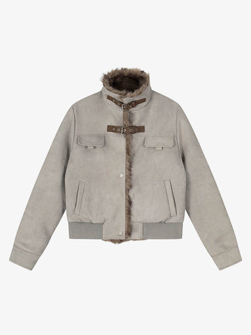 Vintage Suede Faux Fur Lined Buckle Bomber Jacket 