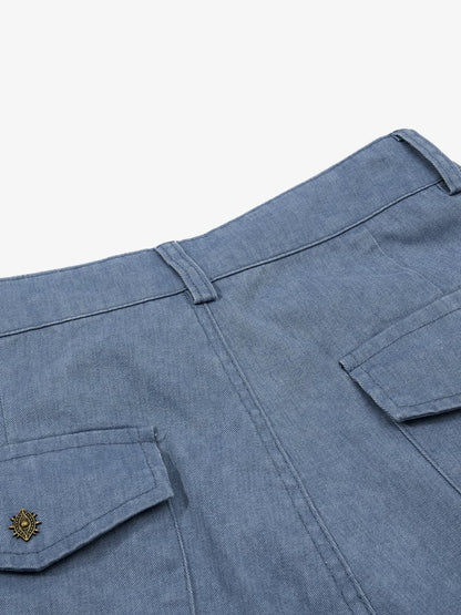 Pleated Panel Curved Leg Cargo Cotton Pants - 2631 