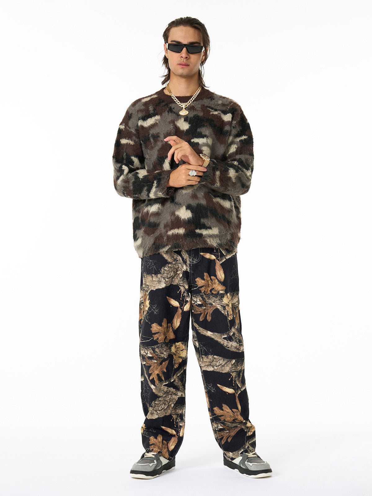 Vintage Washed Distressed Leaf Camouflage Jeans 